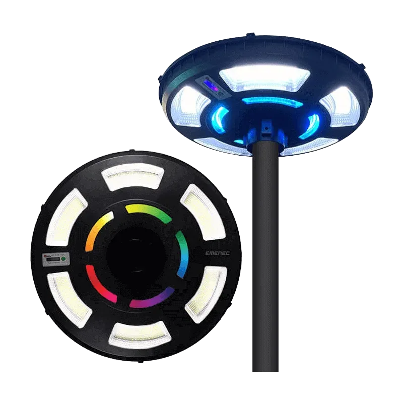 Dairesel dış mekan LED ışığının iki görünümü; biri çoklu ışık şeritlerinin bulunduğu alt tarafını, diğeri ise bir direğe monte edilmiş yan görünümünü gösteriyor.